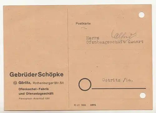 Postkarte Rechnung Gebrüder Schöpke Görlitz Ofenkachel Fabrik Ofensetzer 1949 !D