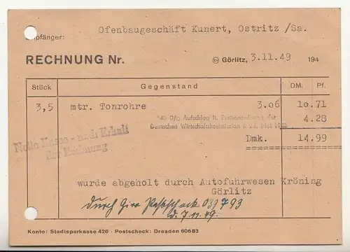 Postkarte Rechnung Gebrüder Schöpke Görlitz Ofenkachel Fabrik Ofensetzer 1949 !D