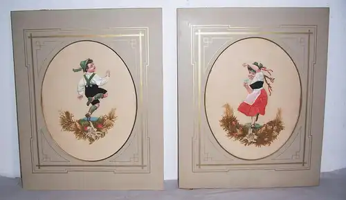 2 Collagen Oblate Moos Edelweiss Kinder bayerische Tracht Heimarbeit um 1900er