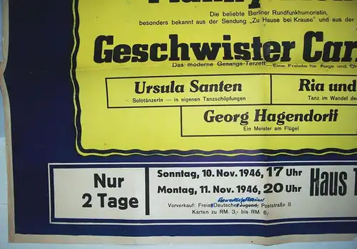 Plakat Gastspiel Haus Thüringer Hof Ebeleben 1946 Langewisch Ziener Santen !