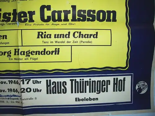Plakat Gastspiel Haus Thüringer Hof Ebeleben 1946 Langewisch Ziener Santen !
