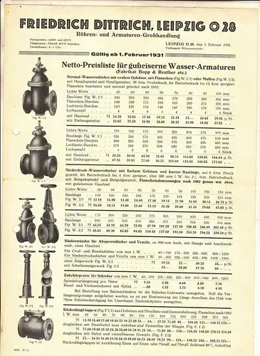 Preisliste Friedrich Dittrich Leipzig O 28 Röhren Armaturen Handlung 1931