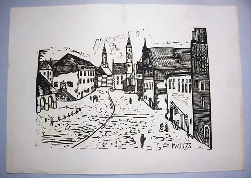 Holzschnitt  Görlitz Obermarkt Leninplatz nach Osten nach Christoph Nathe 1973