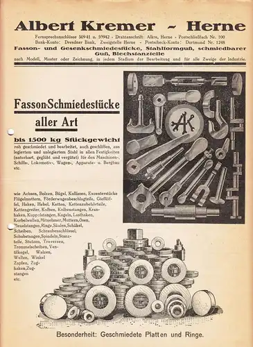 Prospekt Albert Kremer Herne Stahlformguß Fasson Schmiede Stücke um 1925 