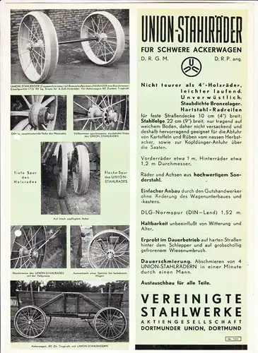 Reklame Blatt Union Stahlräder für schwere Ackerwagen Dortmunder Union um 1930