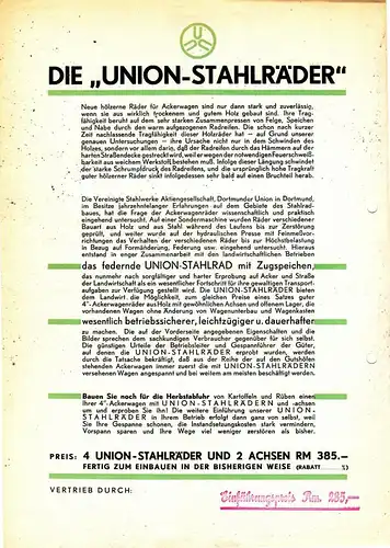 Reklame Blatt Union Stahlräder für schwere Ackerwagen Dortmunder Union um 1930