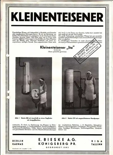 Reklame Blatt Bieske AG Königsberg Ostpreußen Badeöfen Kleinenteisener 1932