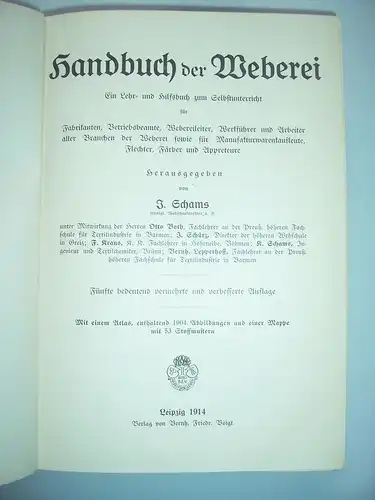 Handbuch der Weberei 1914 J. Schams * Weber Fachbuch !