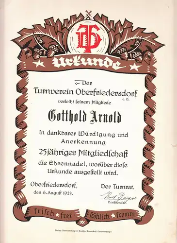 Urkunde Turnverein Friedersdorf Oberlausitz 25jährige Mitgliedschaft 1927 (D)
