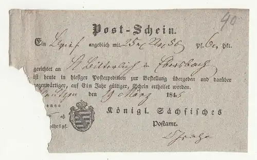 Postschein Bautzen 1845 kgl. sächsisches Postamt !