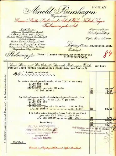 Rechnung Arnold Reinshagen Gummi Gutta Percha Fabrik Lager Leipzig C1 1934 ! (D1
