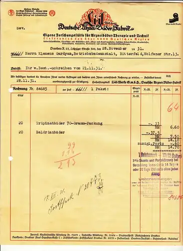 Rechnung Li-il Deutsche Arznei - Bäder - Fabrik Dresden 1931 ! (D1