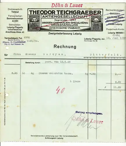 Litho Rechnung Theodor Teichgraeber Drogen Chemikalien Leipzig Plagwitz 1926 (D1