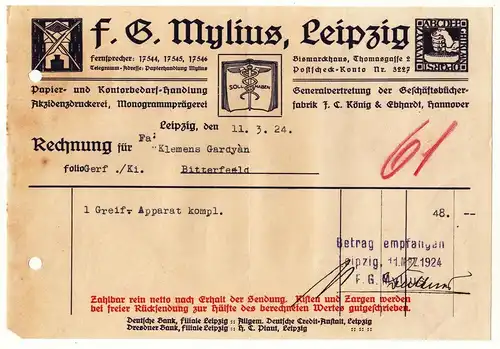 Litho Rechnung F.G. Mylius Leipzig Druckerei Papierhandlung 1924 ! (D1