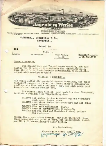 Litho Rechnung Jagenberg - Werke Düsseldorf Klebstoff - Fabrik 1933 ! (D1