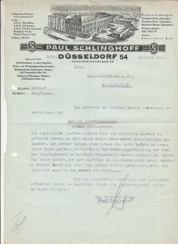 Litho Rechnung Paul Schlinghoff Düsseldorf Schrauben Eisenwaren 1934 