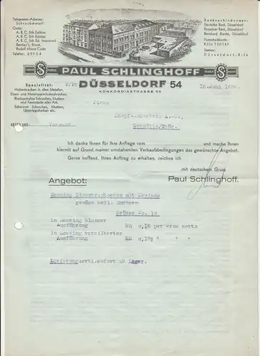 Litho Rechnung Paul Schlinghoff Düsseldorf Schrauben Eisenwaren 1934