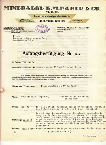2 x Rechnung Mineralöl K.M. Faber & Co. Hamburg Briefkopf 1930 ! (D1
