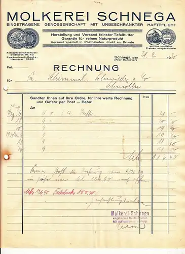 Litho Rechnung Molkerei Schnega Prov. Hannover 1930