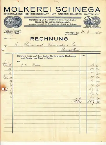 Litho Rechnung Molkerei Schnega Prov. Hannover 1930