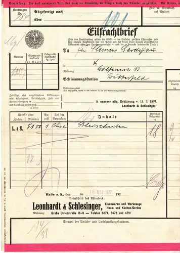 Eilfrachtbrief Leonhardt & Schlesinger Eisenwaren Werkzeuge Halle Saale 1927 !