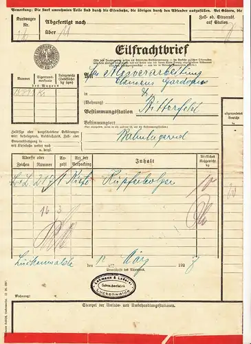 Eilfrachtbrief Lehmann & Loderer Luckenwalde 1927 Reichsbahn Gesellschaft !