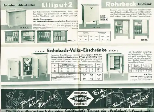 Prospekt VEWAG Eschebach Kühlschränke Eisschrank um 1935 !