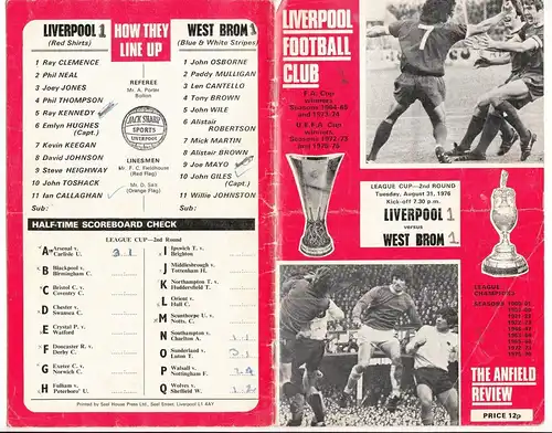 Fussball Programmheft Liverpool League Champions UEFA Cup 27 Dezember 1976 !