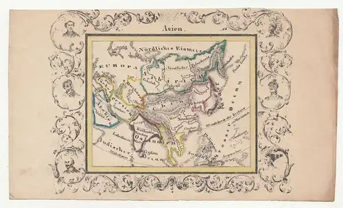 Lithografie Landkarte Asien um 1820 koloriert & verziert dekorativ