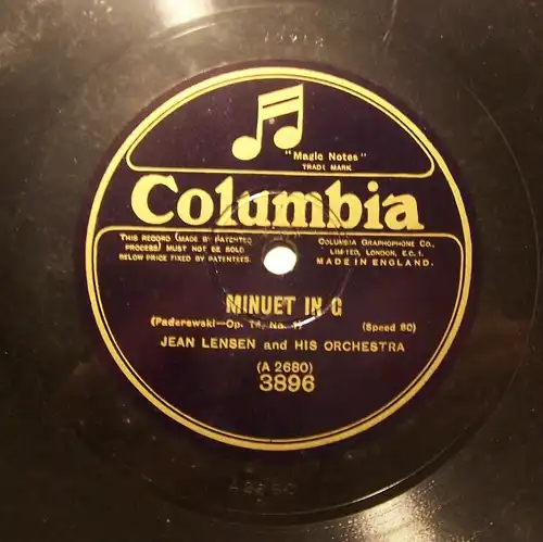 Jean Lensen u Orchester Columbia Schellackplatte Minuet in G  Maria  Mari