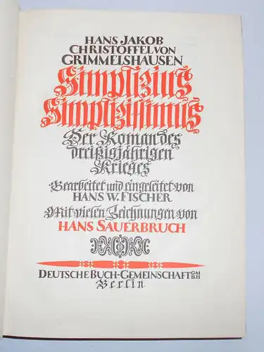 H. J. Christoffel von Grimmelshausen Simplizius Simplizissimus 1934 !