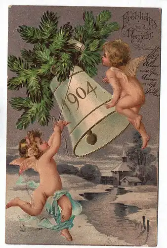 Ak Motivkarte Fröhliches Neujahr für 1904 Jahr 1903 Engel mit Glocke