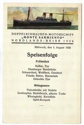 Ak Doppelschrauben-Motorschiff „Monte Sarmiento“ Nordlandsreise 1926