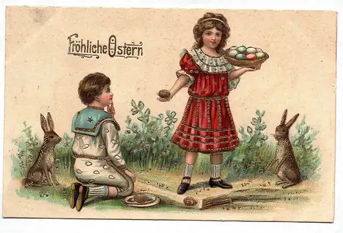 Motivkarte Fröhliche Ostern Mädchen Junge Hasen 1907