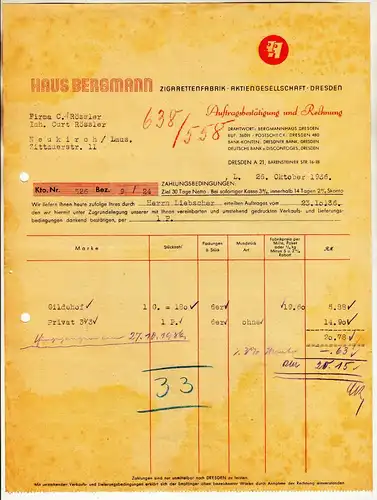 Werbe Rechnung Zigarettenfabrik Haus Bergmann Dresden 1936 ! (D8