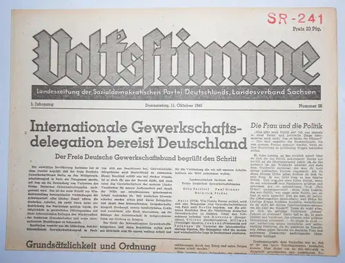 Zeitung Oktober 1945 Volksstimme Landeszeitung der SPD Sachsen Nr. 26