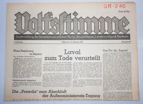 Zeitung Oktober 1945 Volksstimme Landeszeitung der SPD Sachsen Nr. 25