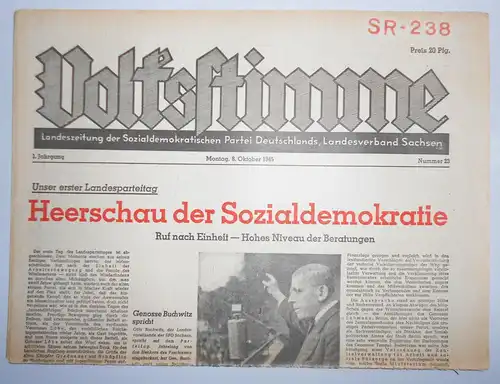 Zeitung Oktober 1945 Volksstimme Landeszeitung der SPD Sachsen Nr. 23