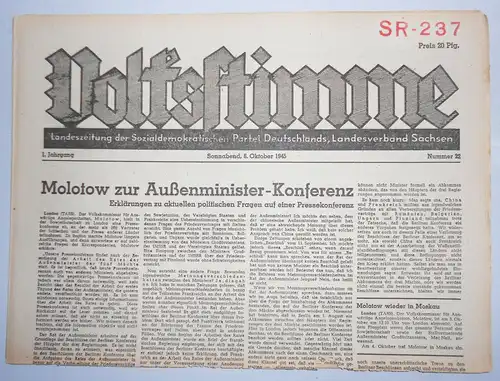 Zeitung Oktober 1945 Volksstimme Landeszeitung der SPD Sachsen Nr. 22