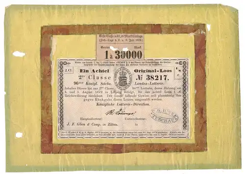 Lotterielos 1879 Achtel Original Los sächsische Landeslotterie Türchau Zittau