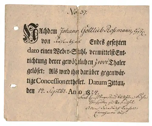 Dokument Weber Stuhl 1824 Zittau Webstuhl Rosenthal Heimatbeleg Sammler