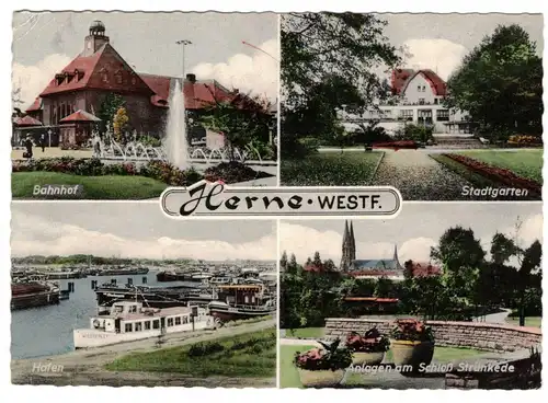 Ak Herne Westfalen Mehrbild Bahnhof Hafen Stadtgarten Anlagen am Schloß 1962