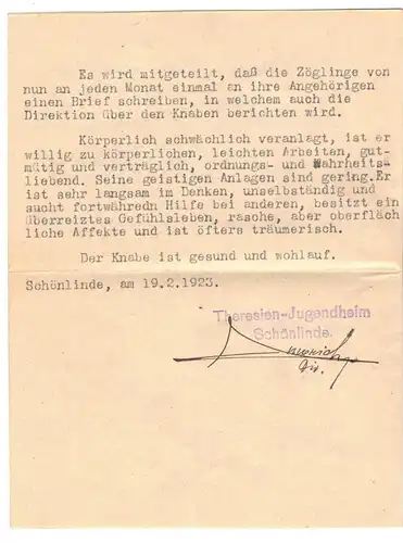 Brief Theresien Jugendheim Schönlinde Böhmen 1923 Zeugnis Stempel