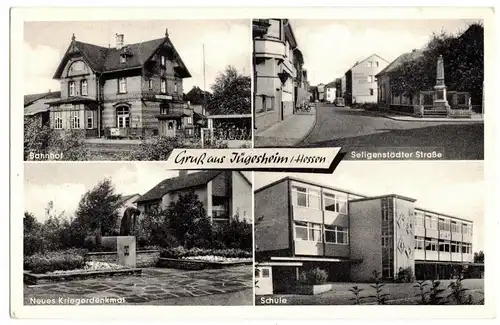 Ak Gruß aus Jügesheim Hessen Bahnhof Kriegerdenkmal Seligenstraße Schule