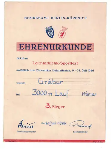 Ehren Urkunde Leichtathletik Sportfest Berlin Köpenick 1946