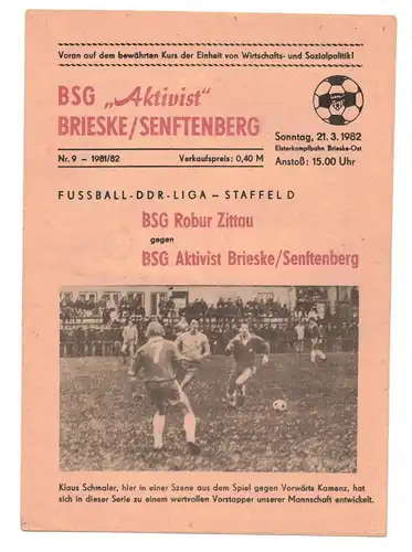 Fussball Programm 1982 BSG Robur Zittau gegen BSG Aktivist Brieske Senftenberg