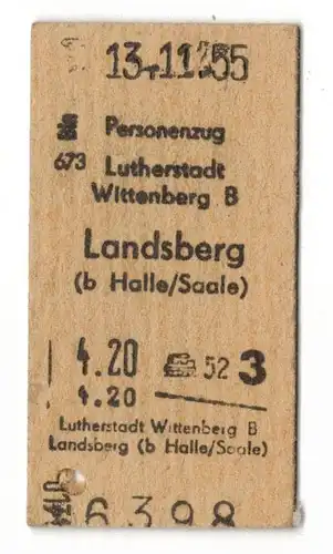 Fahrschein Personenzug Lutherstadt Wittenberg Landsberg Halle Saale 1955 DDR