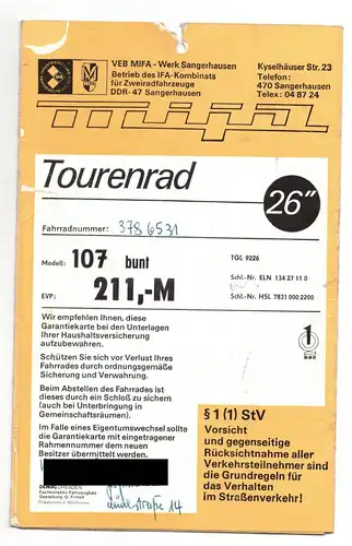 Mifa Garantieschein Tourenrad Fahrrad DDR 26 Zoll