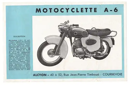 Reklame Blatt Motocyclette A-6 Alcyon Motorrad Frankreich Cyclomoteur Z6
