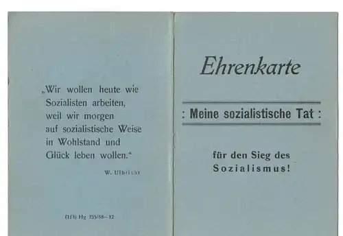 Ehrenkarte Meine sozialistische Tat für den Sieg des Sozialismus DDR 1958